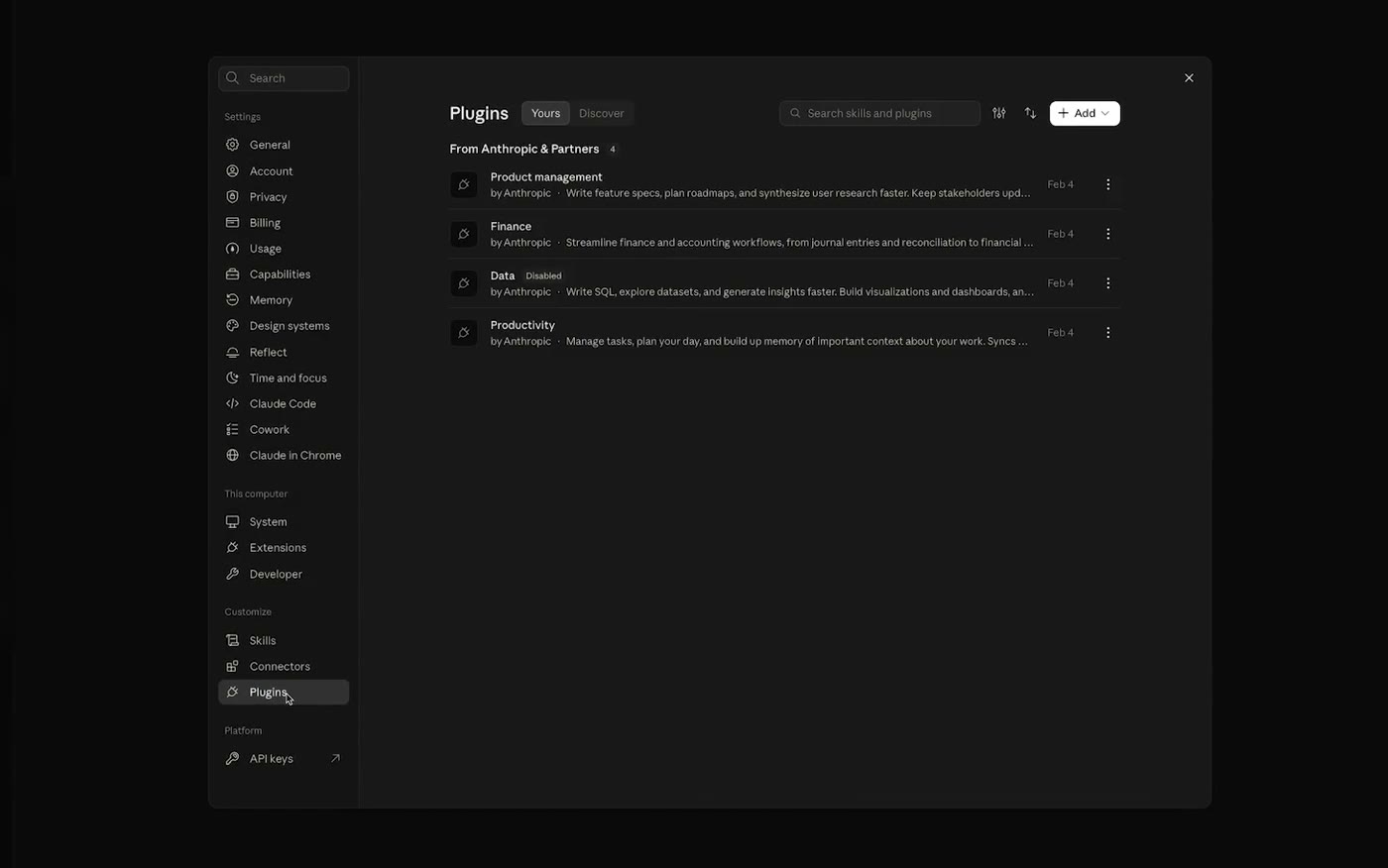 Plugins in Claude settings